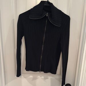 Black Ribbed Zip-Up Sweater